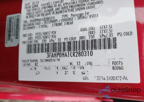 2012 Ford Fusion Se z USA, uszkodzony, nr VIN 3FAHP0HA1CR280310